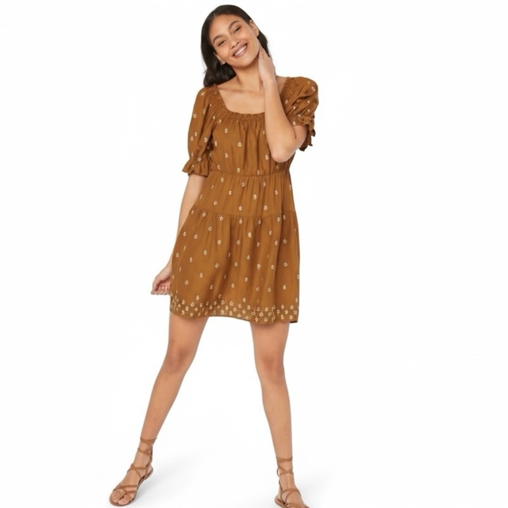 Old Navy Puff-Sleeve Tiered Smocked Embroidered Mini Swing Dress Size Medium